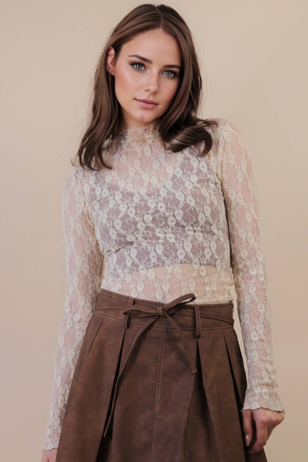 Very J Fitted Sheer Mesh Lace Top
