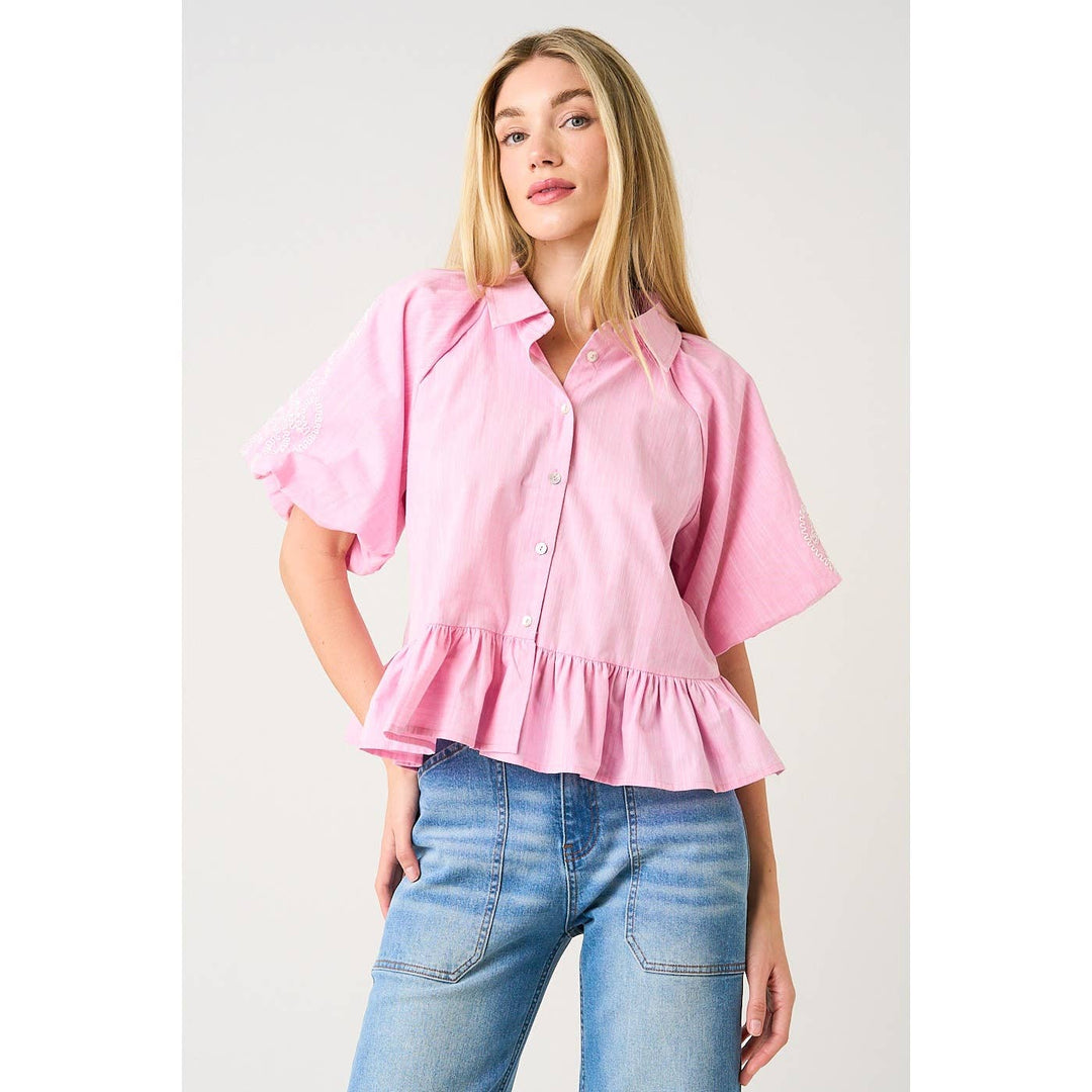 EMBROIDERY BUBBLE SLEEVE PEPLUM BUTTON DOWN SHIRT