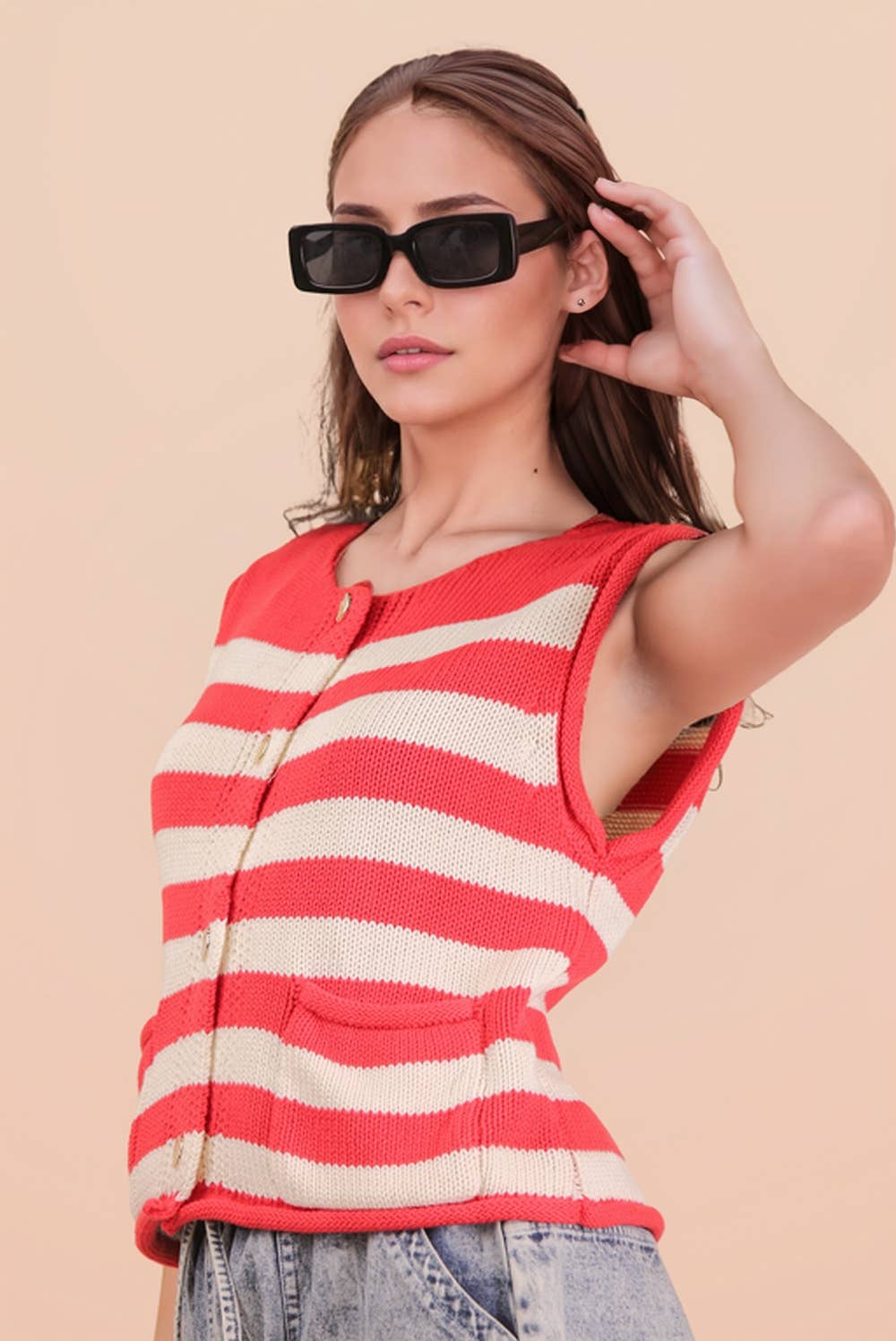 VJ Green Stripe Button Down Knit Sweater Top