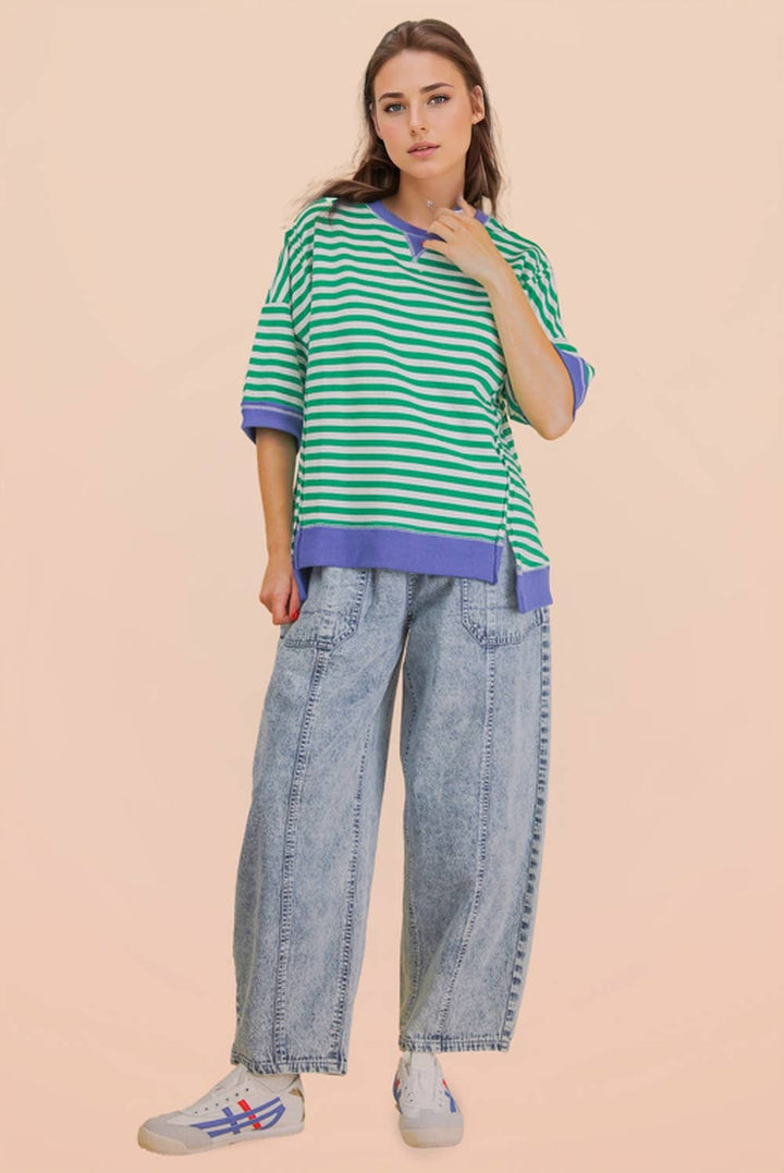 Oversized Stripe Casual Knit Top: LAVENDER/LEMON