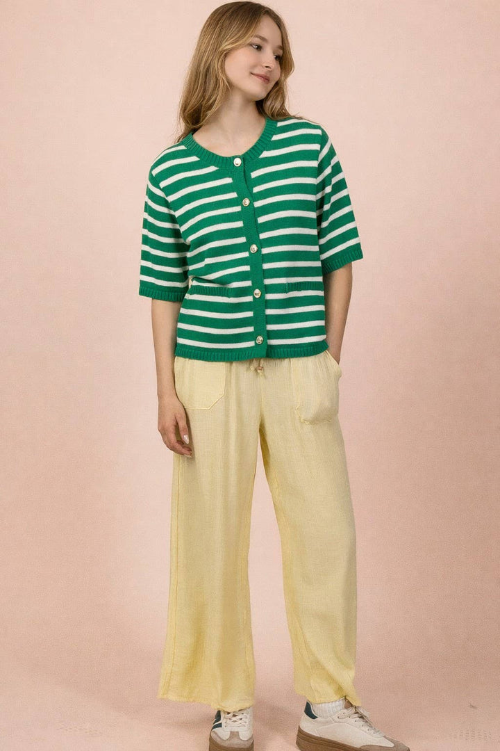 Stripe Button Down Knit Sweater Top Kelly Green