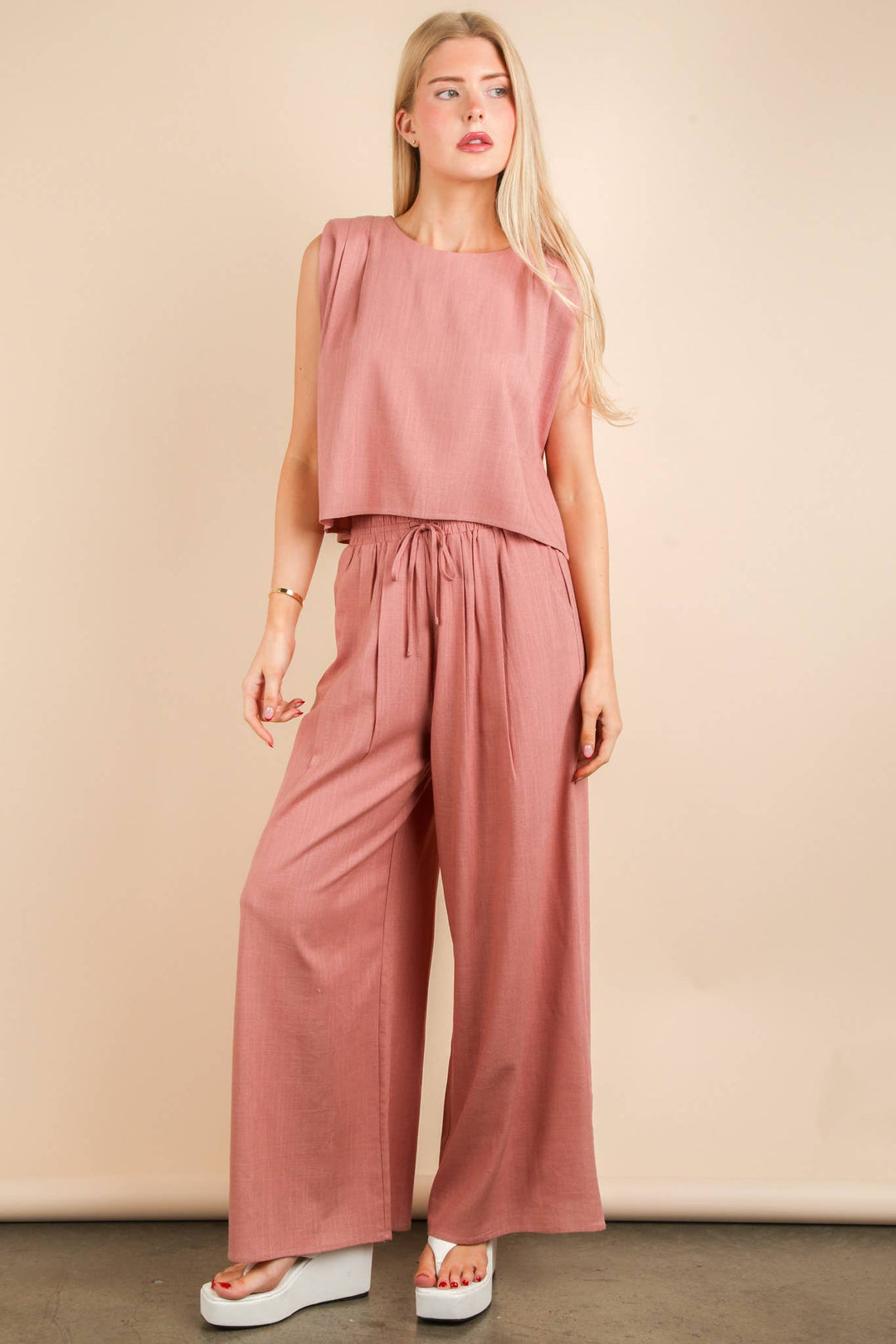 NT12090SET-Solid Woven Top & Pants Set