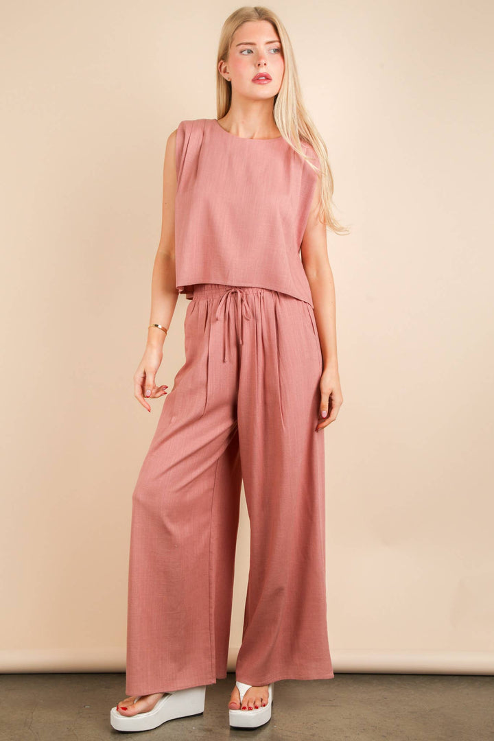 NT12090SET-Solid Woven Top & Pants Set