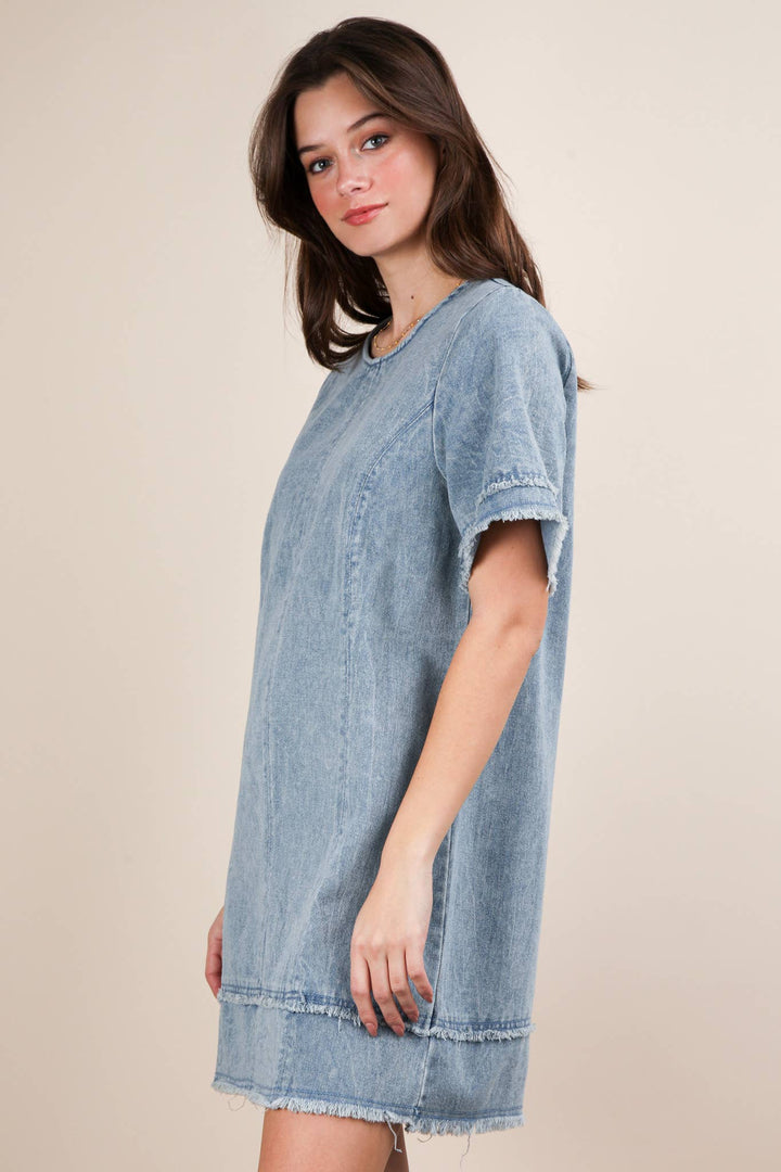 ND31576-Washed Denim Shift Mini Dress