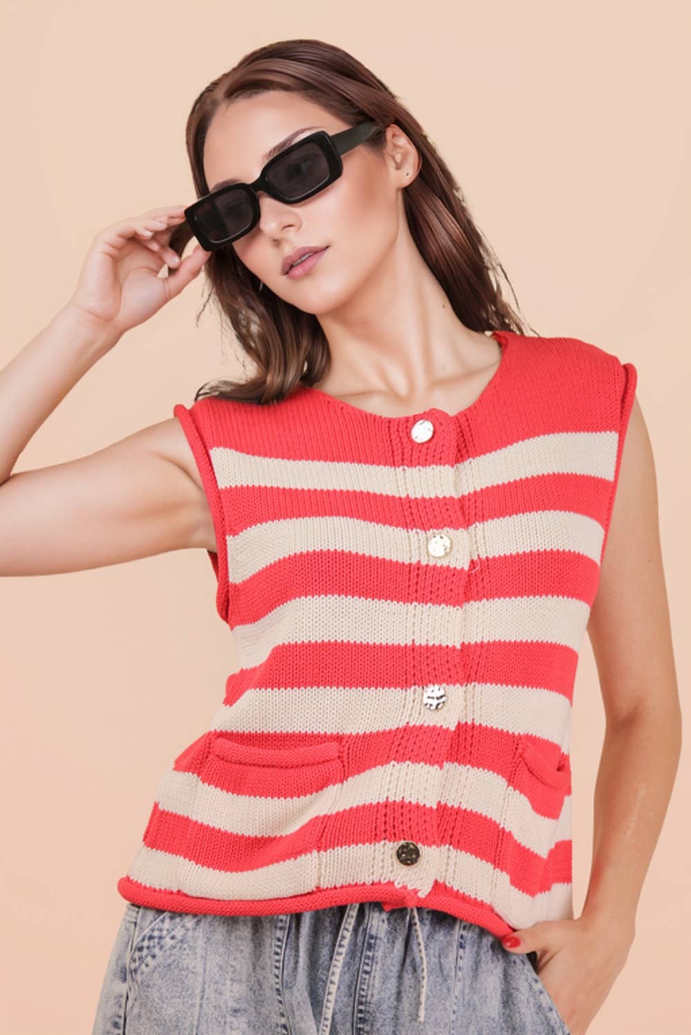 VJ Green Stripe Button Down Knit Sweater Top