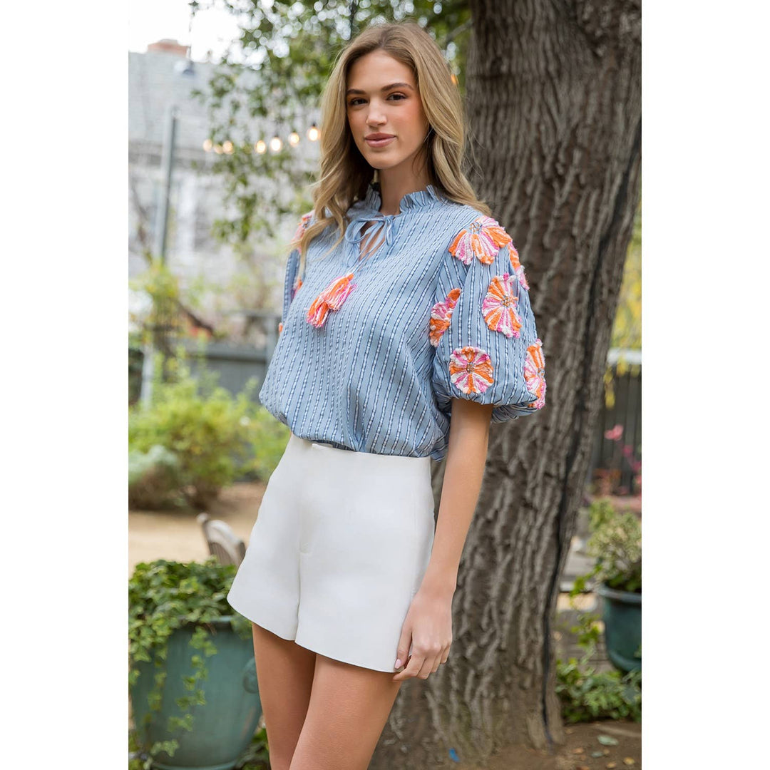 Puff Sleeve Embroidered Tassel Stripe Top