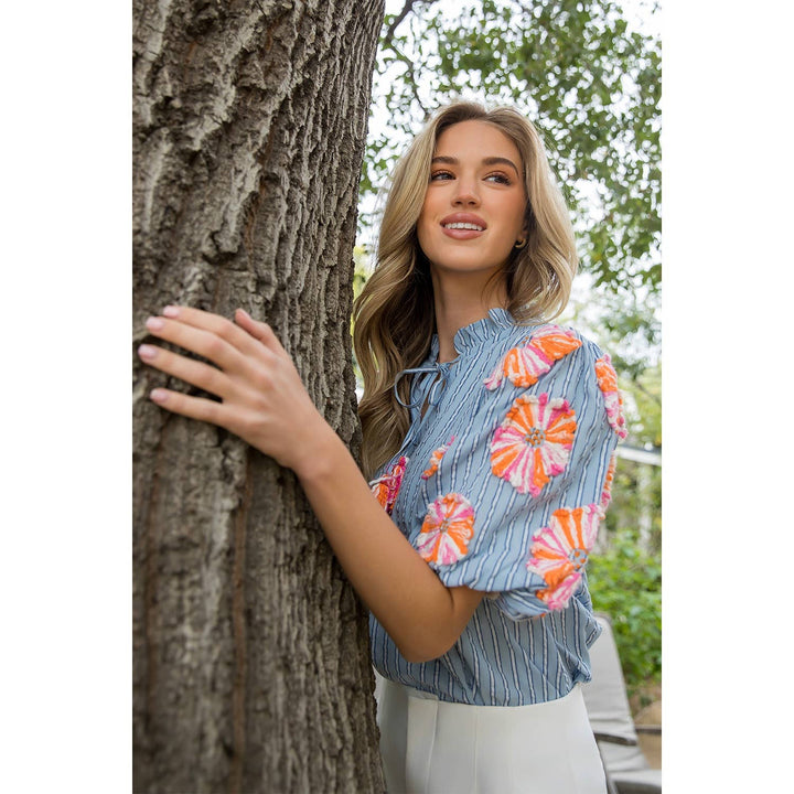 Puff Sleeve Embroidered Tassel Stripe Top