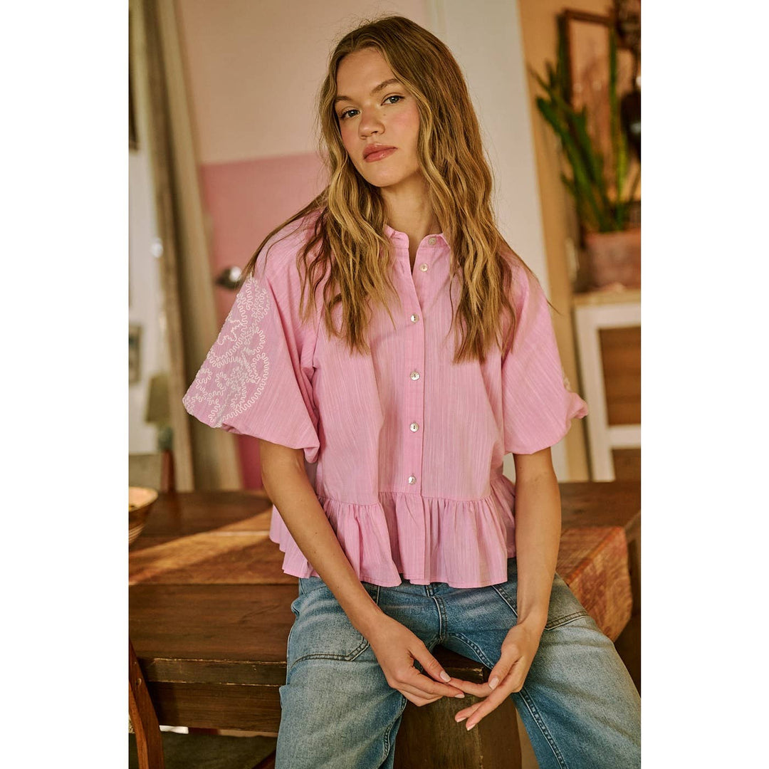 EMBROIDERY BUBBLE SLEEVE PEPLUM BUTTON DOWN SHIRT