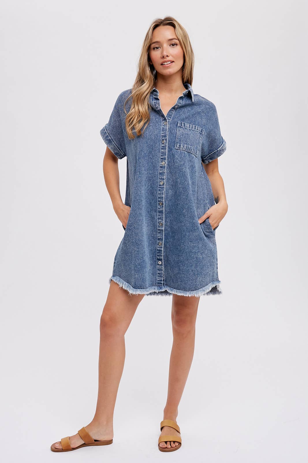 FRAYED HEM WASHED DENIM SHIRT DRESS
