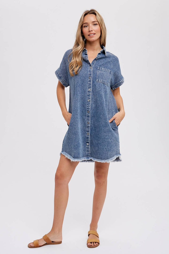 FRAYED HEM WASHED DENIM SHIRT DRESS
