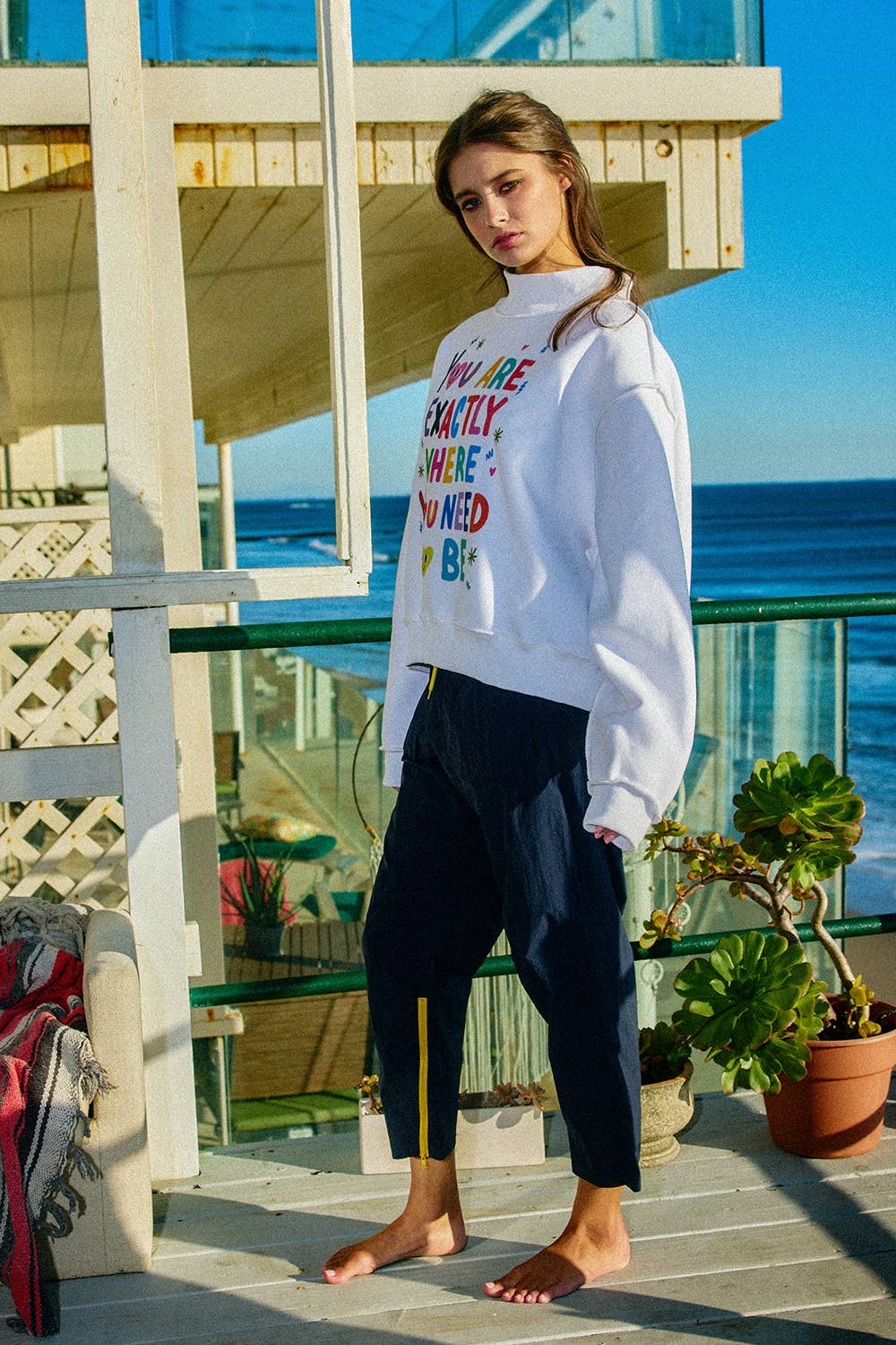 Reversible Graphic Mock-Neck Crop Sweatshirt