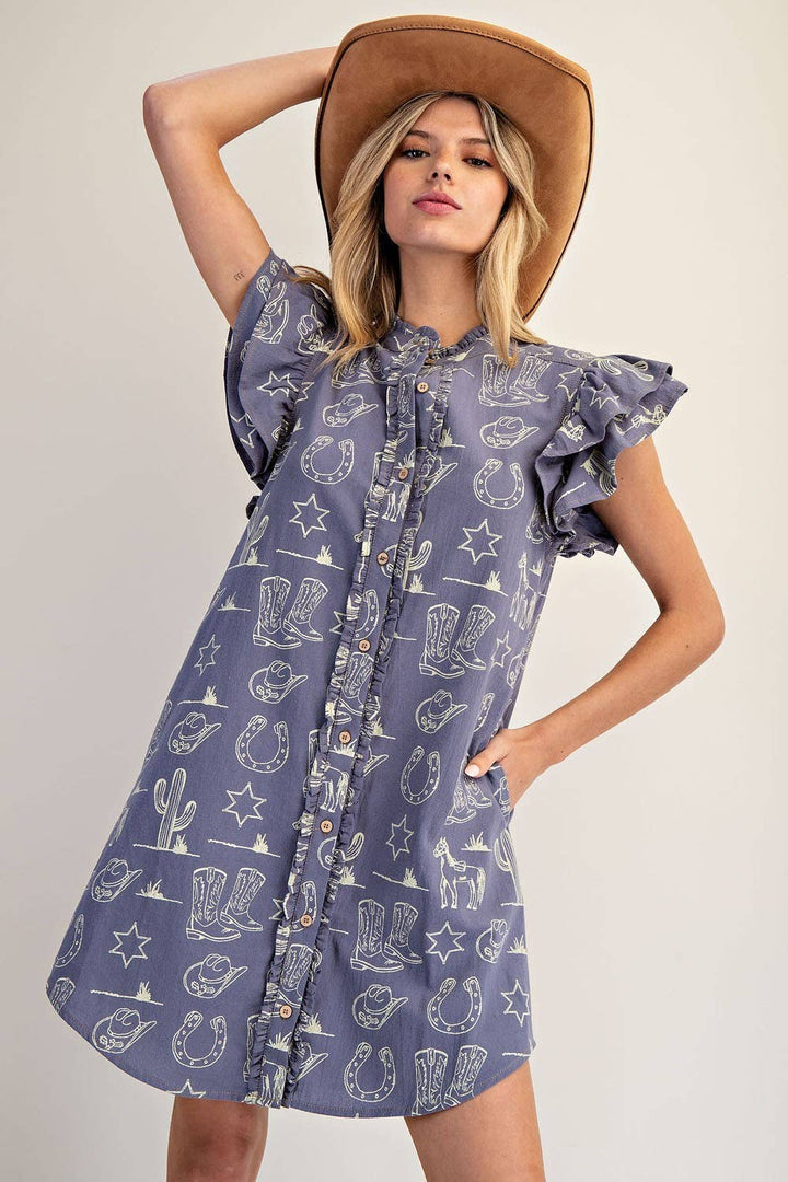 PL9120 - SOFT WASHED WESTERN GRAPHIC BUTTON DOWN MINI DRESS