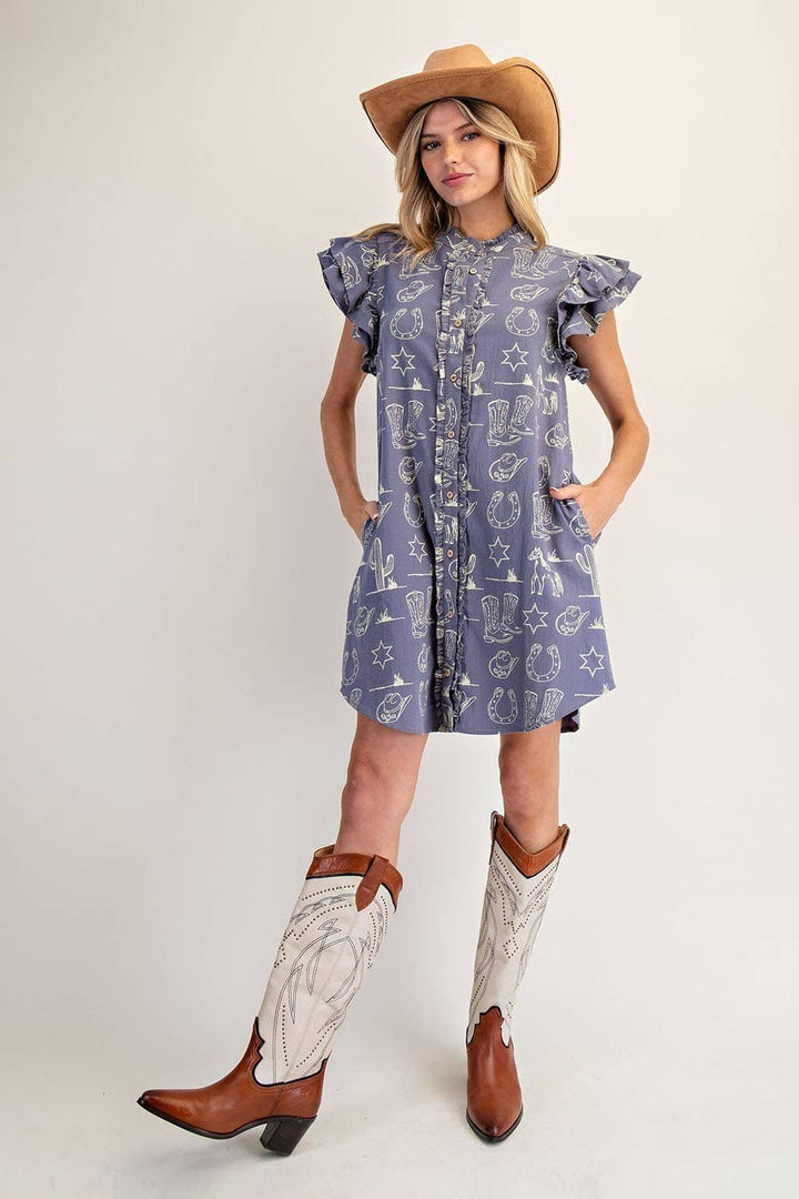 PL9120 - SOFT WASHED WESTERN GRAPHIC BUTTON DOWN MINI DRESS