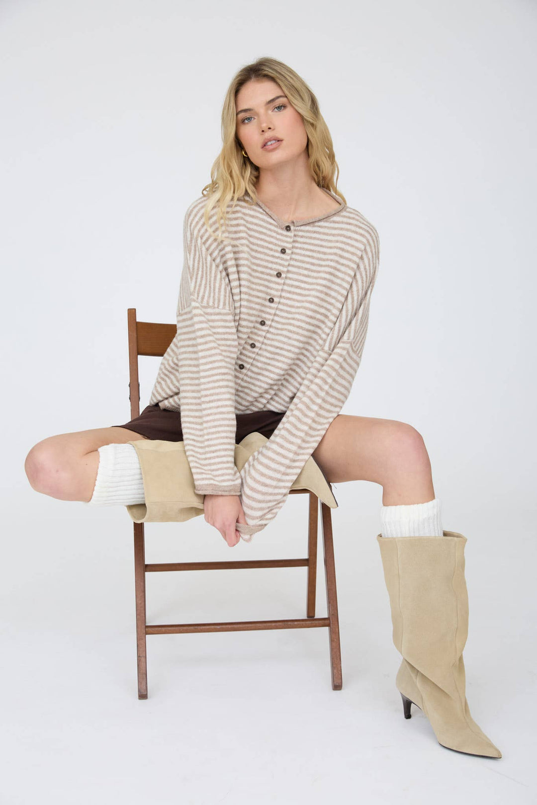 STRIPE RAW EDGE DROP SHOULDER KNIT CARDIGAN