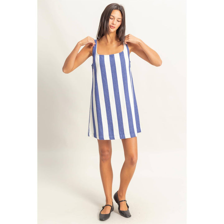 DZ25E182-Striped Square Neck Woven Mini Dress