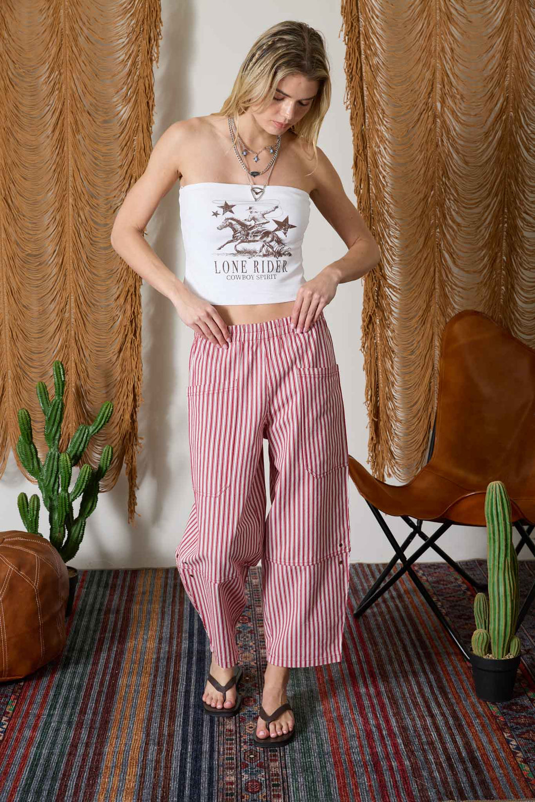 STRIPE POCKET DETAIL WIDE LEG PANTS Berry