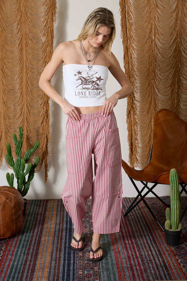 STRIPE POCKET DETAIL WIDE LEG PANTS Berry