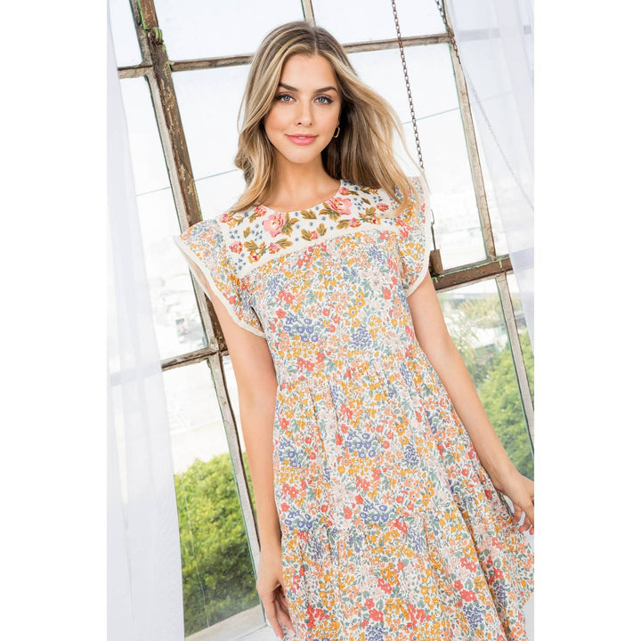 Embroidered Floral Tiered Dress Cream