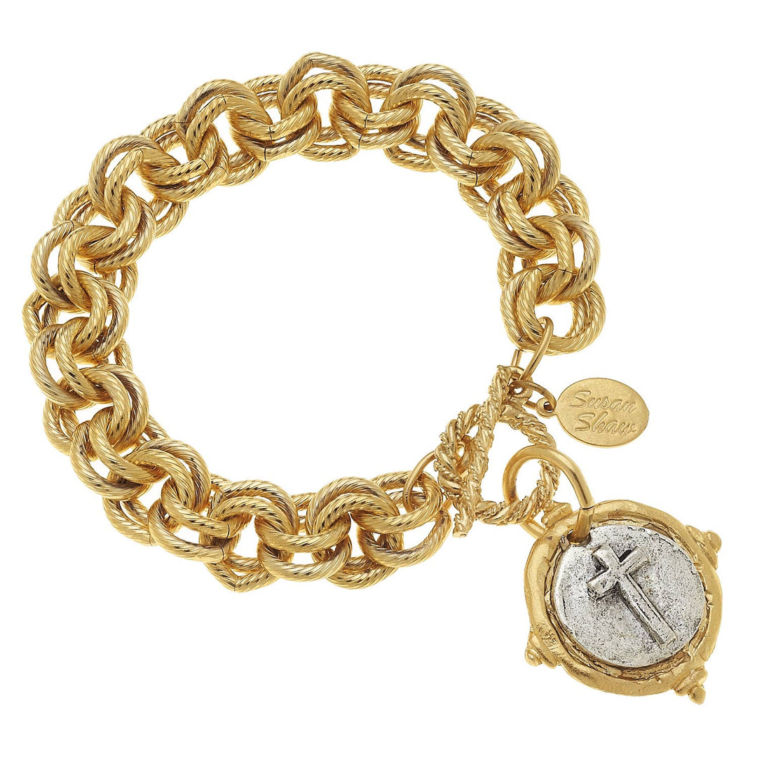 Susan Shaw Gold and Silver Italian Intaglio Cross Bracelet