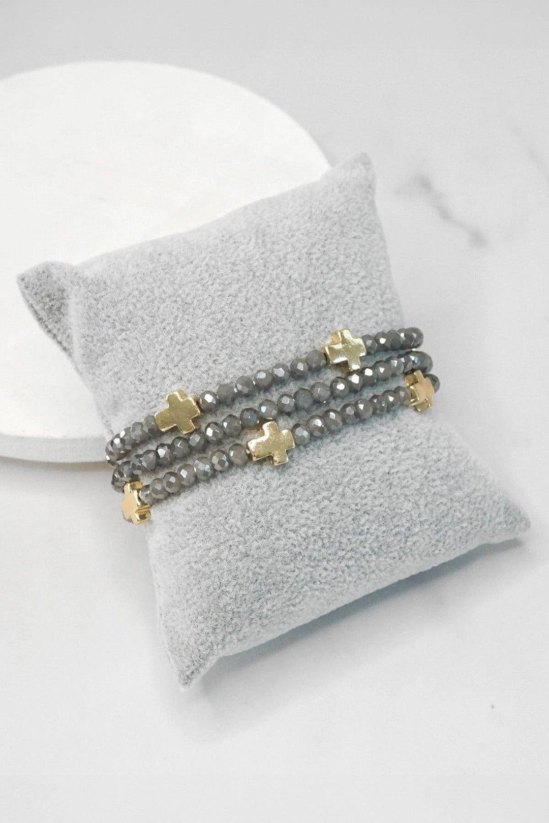 Mini Sideways Cross Bracelet stack Glass and gold metal beads
