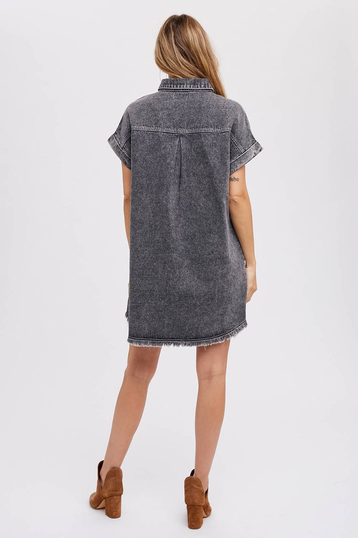 FRAYED HEM WASHED DENIM SHIRT DRESS
