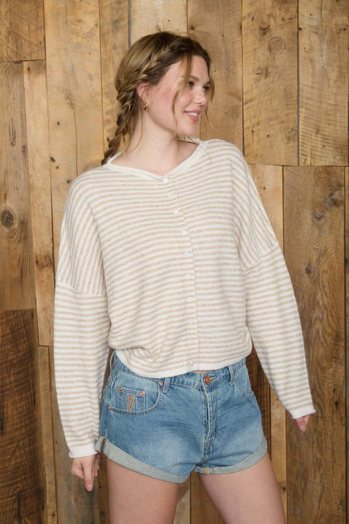STRIPE RAW EDGE DROP SHOULDER KNIT CARDIGAN