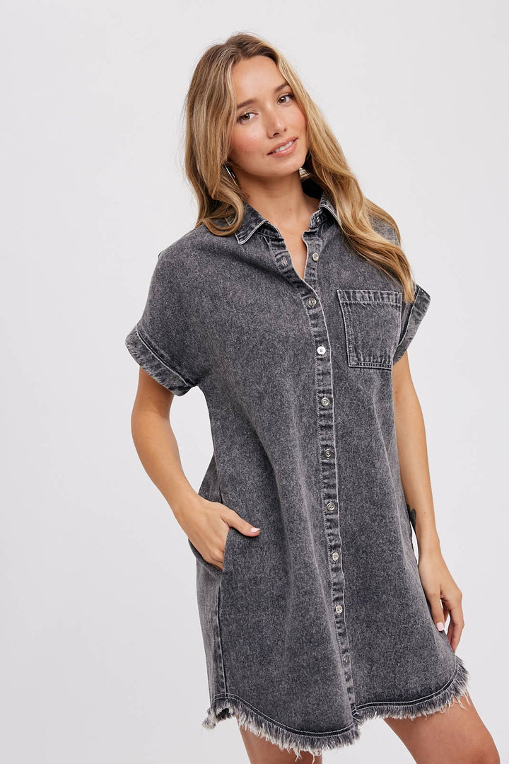 FRAYED HEM WASHED DENIM SHIRT DRESS