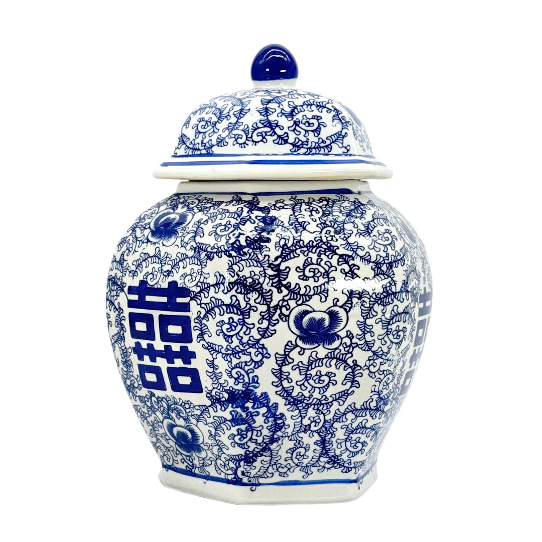 Blue & White Chinoiserie Porcelain Jar 12" Happiness