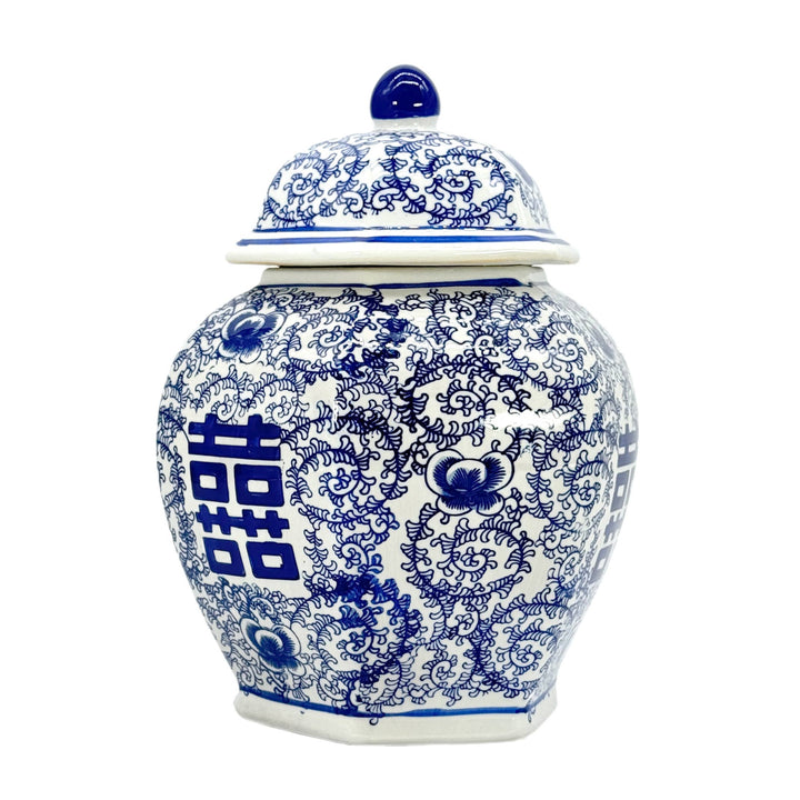 Blue & White Chinoiserie Porcelain Jar 12" Happiness