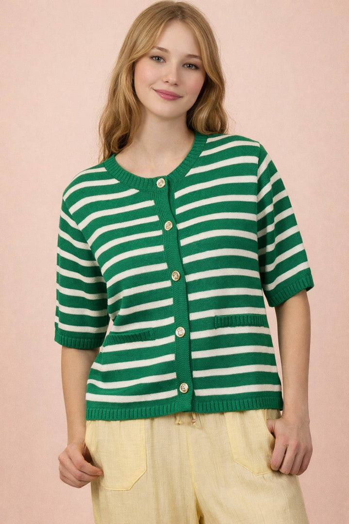 Stripe Button Down Knit Sweater Top Kelly Green