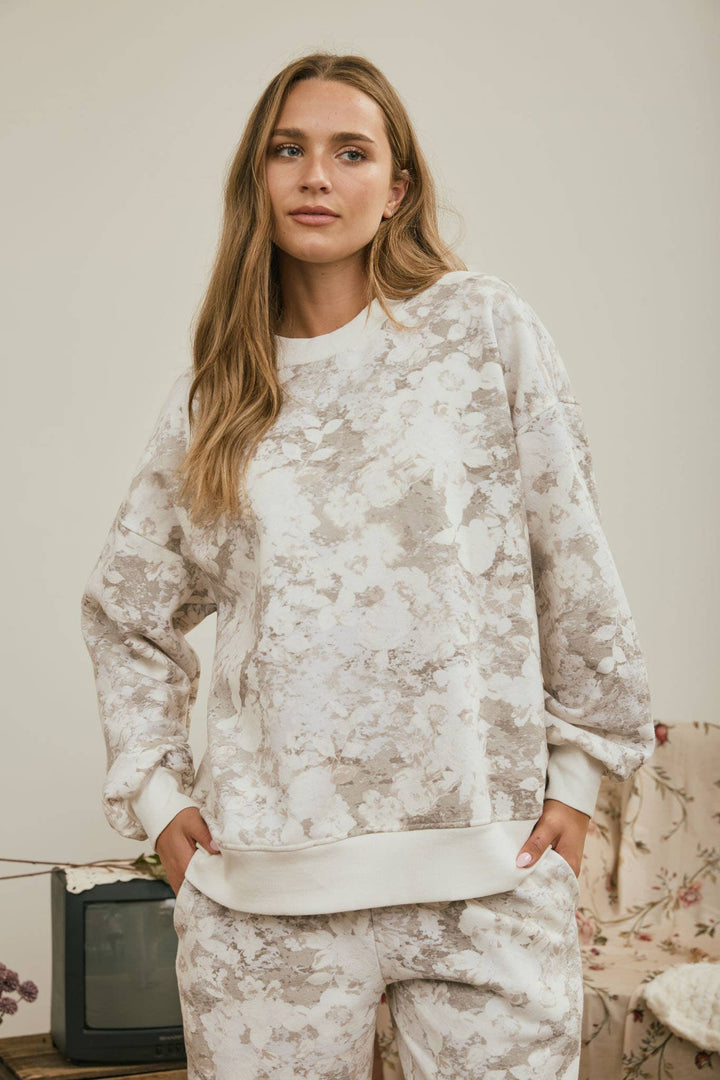 FLORAL CAMO WASH BOXY CREW KNIT TOP & PANTS SET