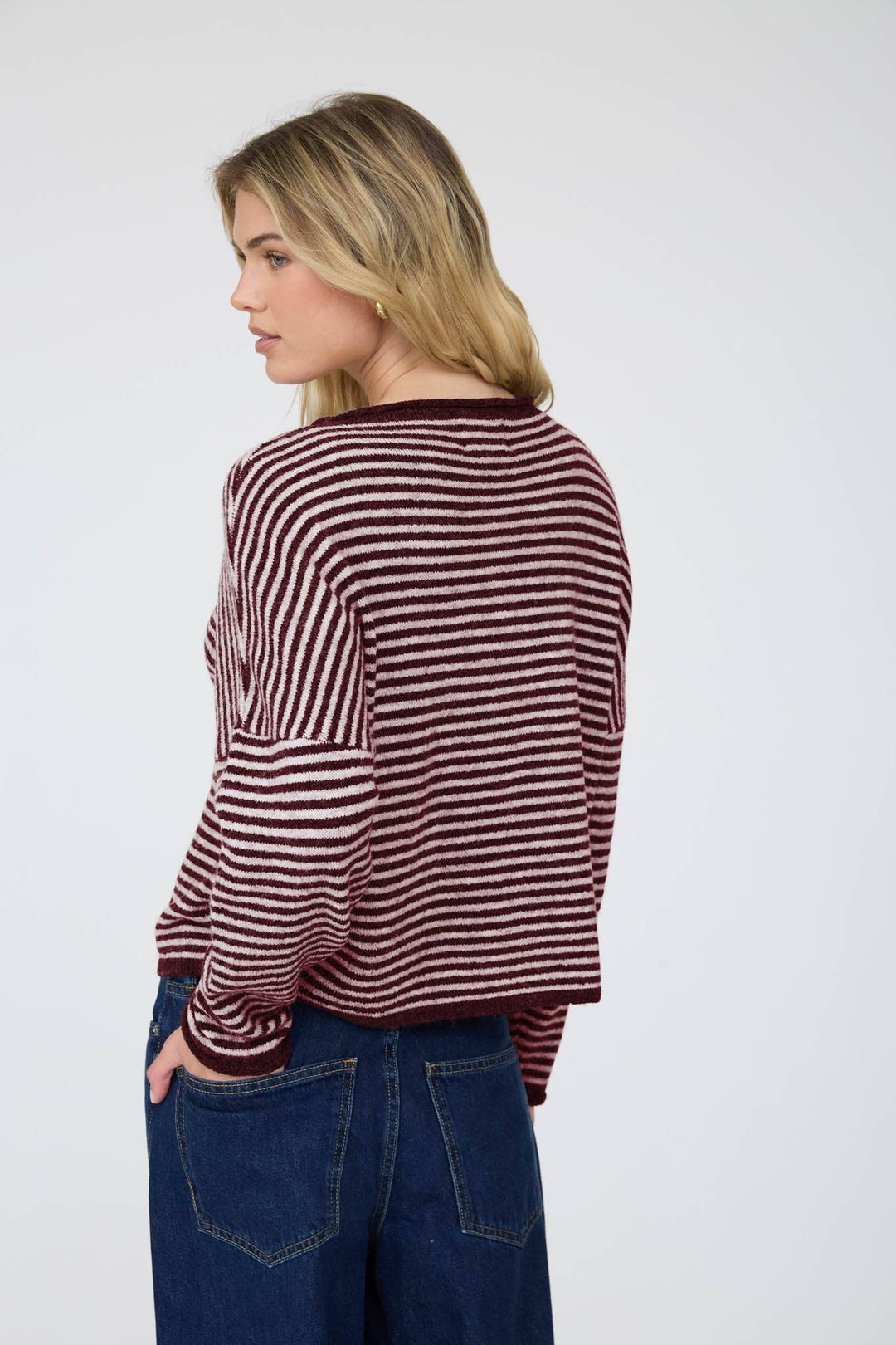 STRIPE RAW EDGE DROP SHOULDER KNIT CARDIGAN
