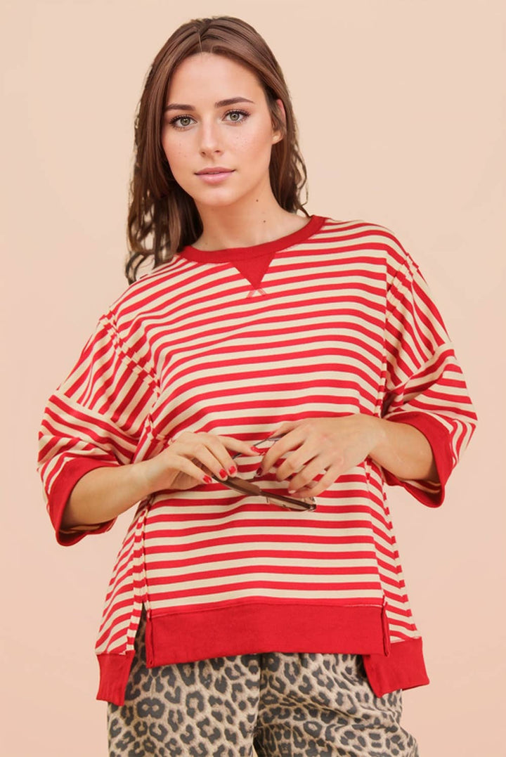 Oversized Stripe Casual Knit Top: LAVENDER/LEMON