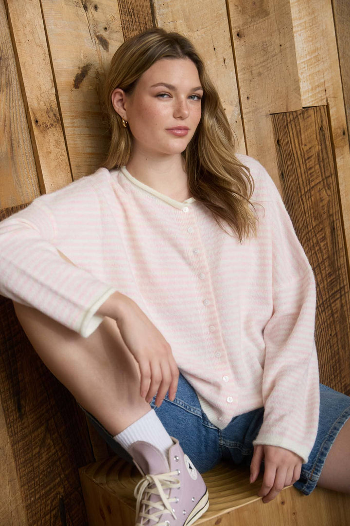 STRIPE RAW EDGE DROP SHOULDER KNIT CARDIGAN