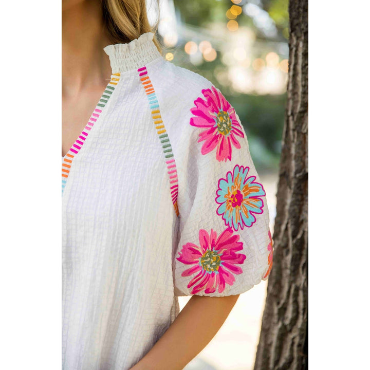 Embroidered Puff Sleeve Textured Floral Top