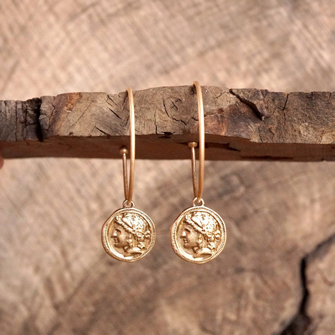 Boho Hoop Earrings with a Small Coin in Worn Gold