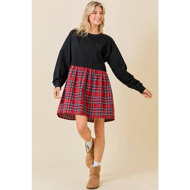 FRENCH TERRY PLAID MINI DRESS