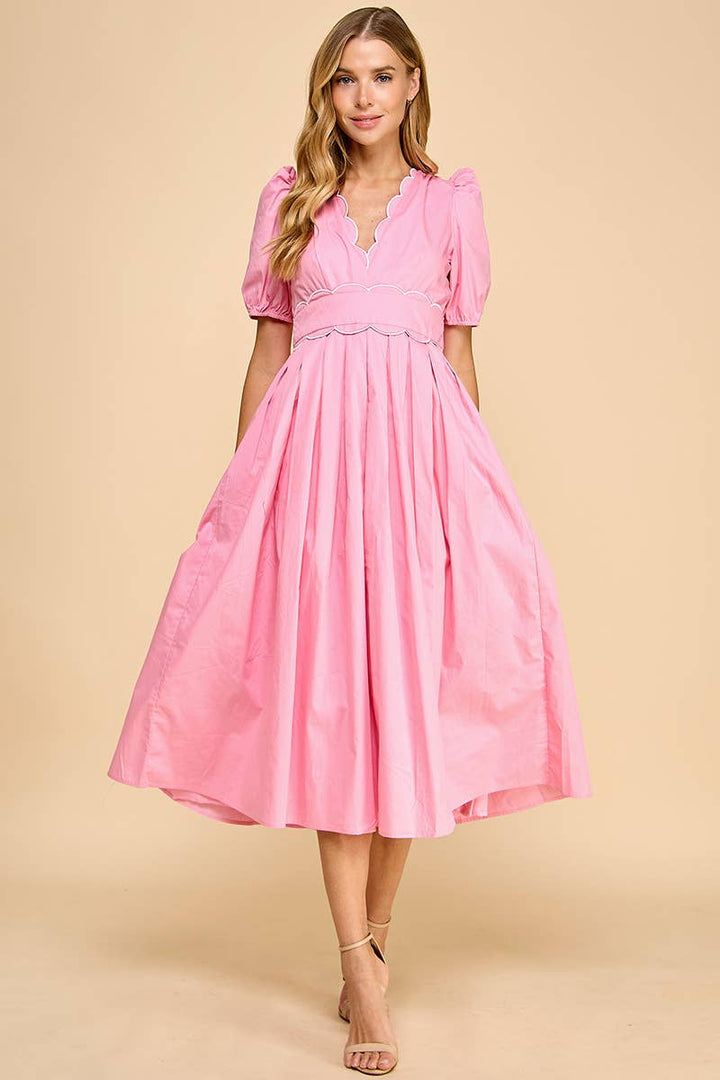 -V Neckline Scalloped Detail Midi Dress