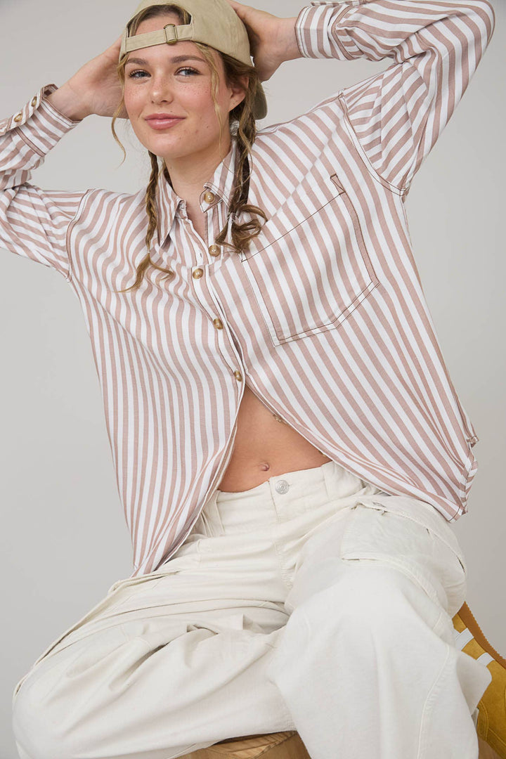 STRIPE COLLARED BUTTON DOWN LONG SLEEVE SHIRT