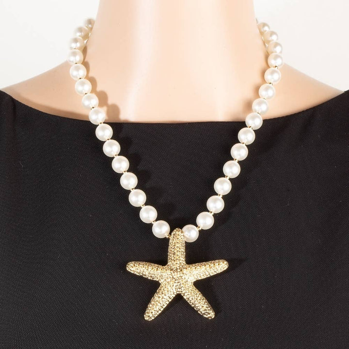 Gold Starfish Pendant Pearl Beaded Necklace