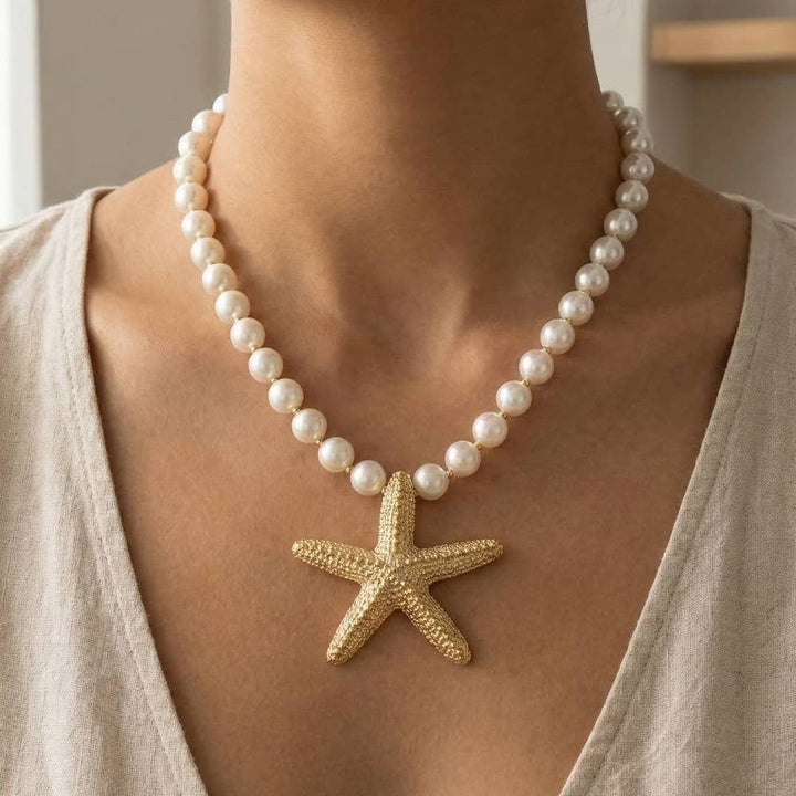 Gold Starfish Pendant Pearl Beaded Necklace