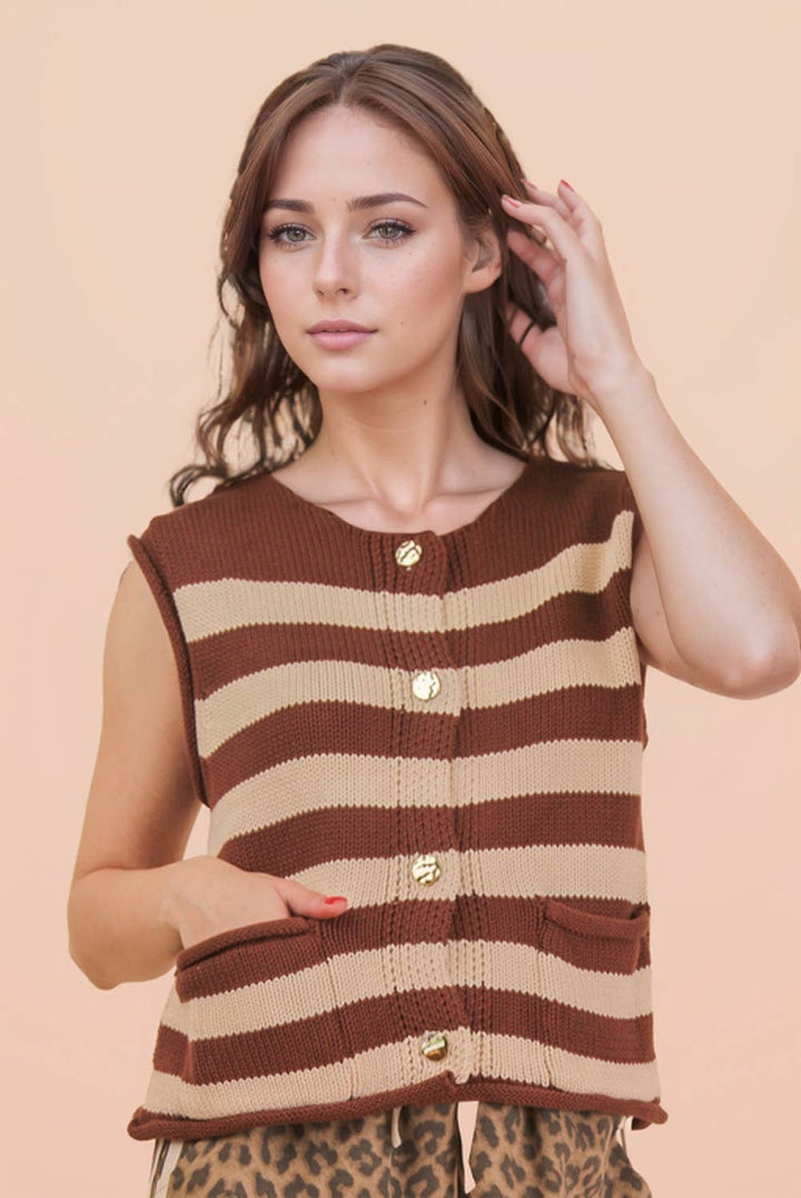VJ Green Stripe Button Down Knit Sweater Top