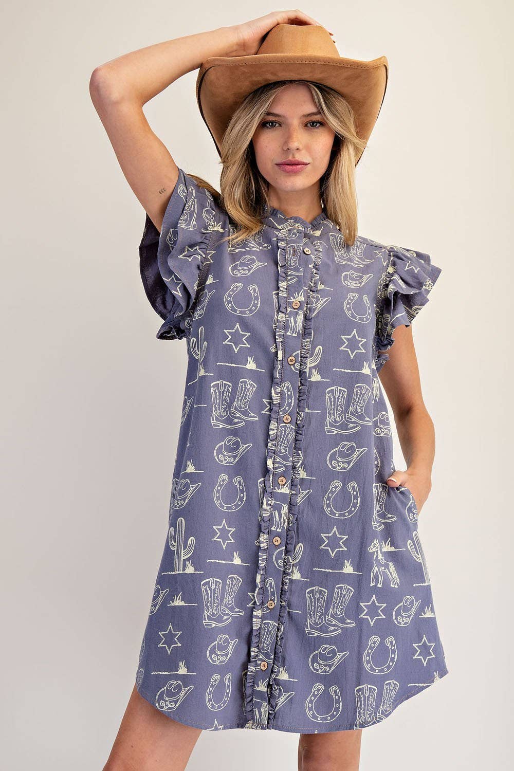 PL9120 - SOFT WASHED WESTERN GRAPHIC BUTTON DOWN MINI DRESS
