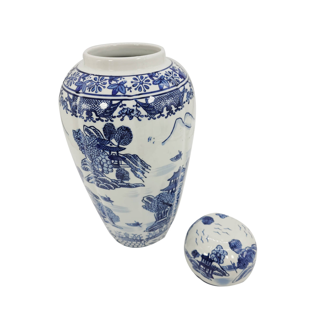Blue & White Chinoiserie Ceramic Urn Jar 16"