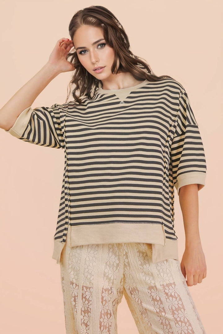 Oversized Stripe Casual Knit Top: LAVENDER/LEMON