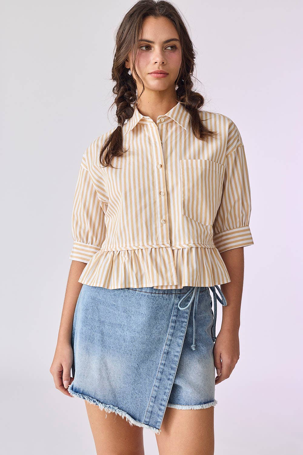 PT18030 - Violet 3/4" Sleeve Peplum Button Down Top
