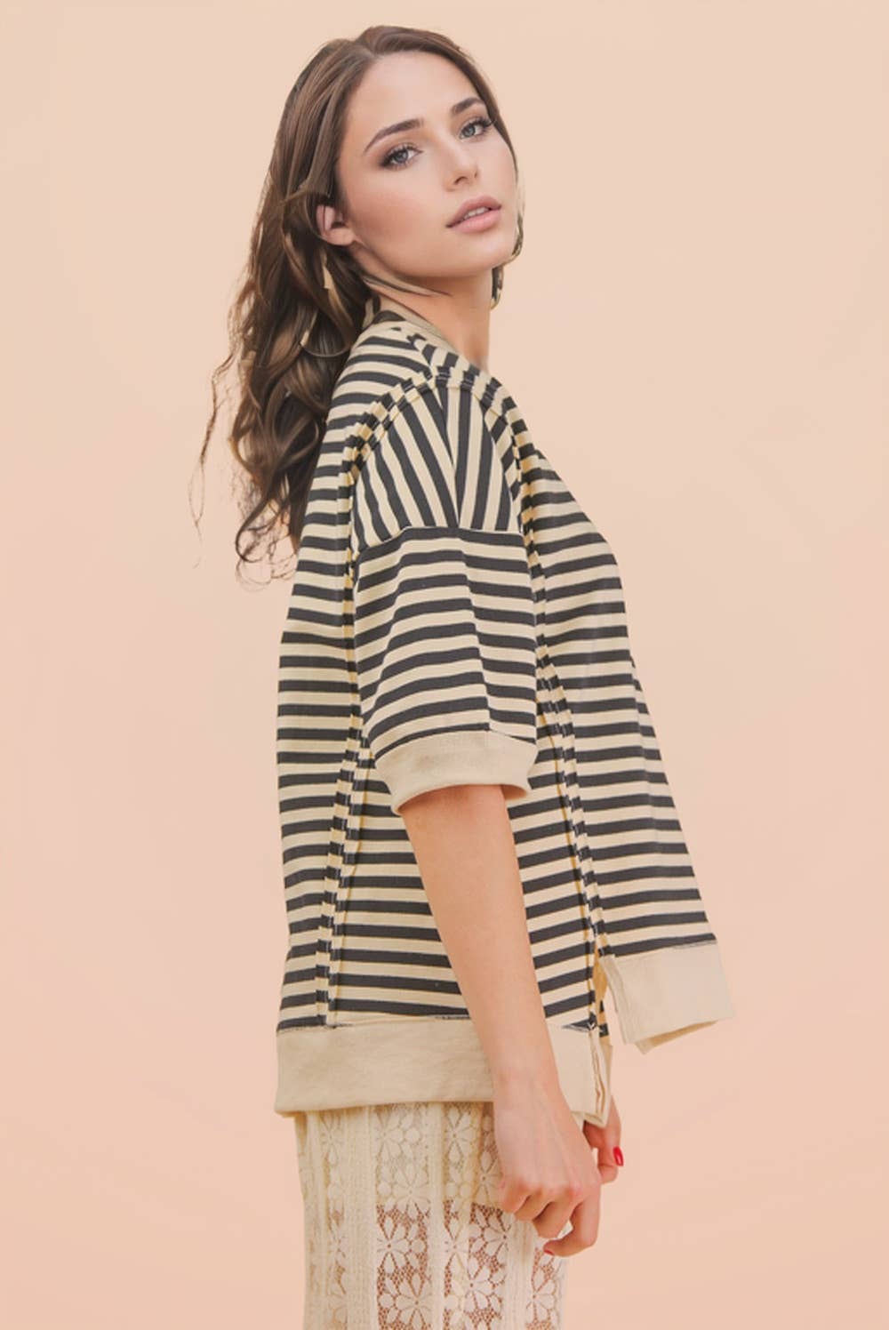 Oversized Stripe Casual Knit Top: LAVENDER/LEMON