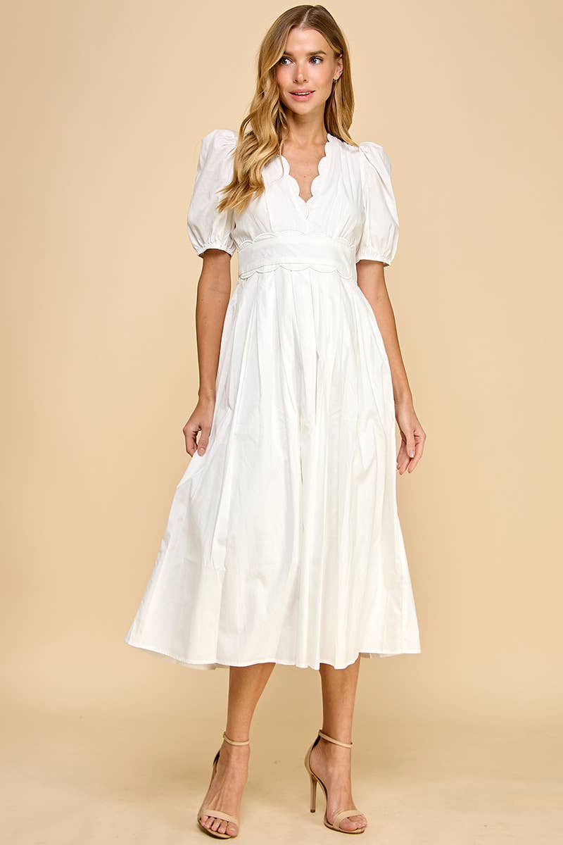 -V Neckline Scalloped Detail Midi Dress