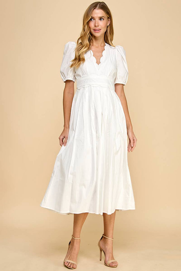 -V Neckline Scalloped Detail Midi Dress