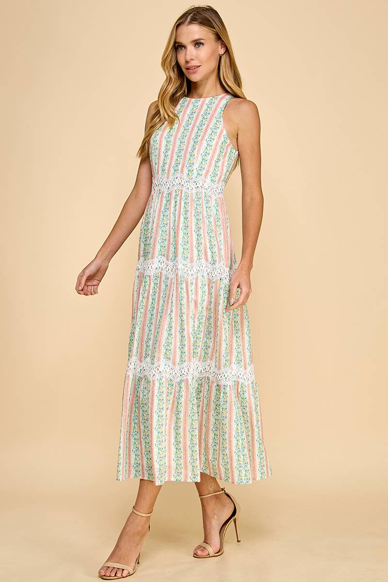 CD05287-Floral Stripe Print Scallop Lace Accent Midi Dress